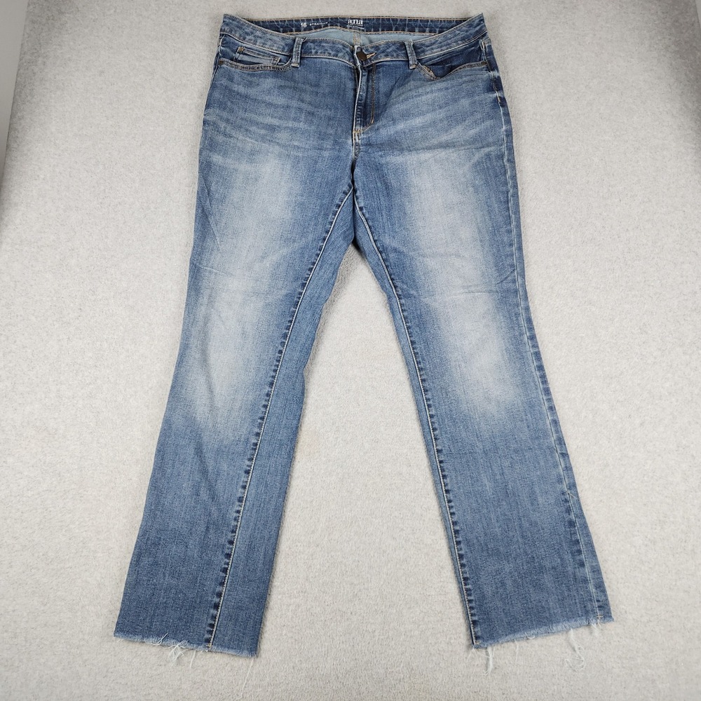 a.n.a Straight Jeans Womens 16 Blue Denim Whiskered Medium Wash Stretch Raw Hem